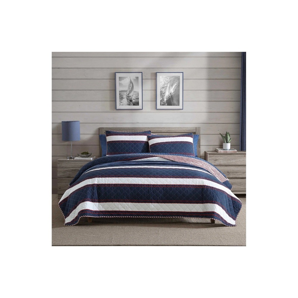 Nautica Twin Quilt Set Marina Stripe Navy Blue White Red Reversible Cotton 2 Pc